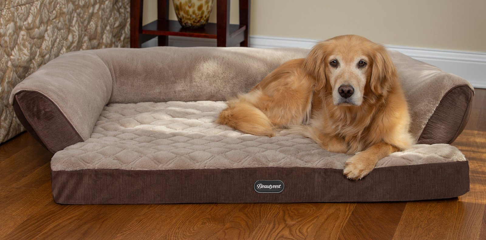 Golden retriever resting on a premium NVM Pet bed in a warm home interior